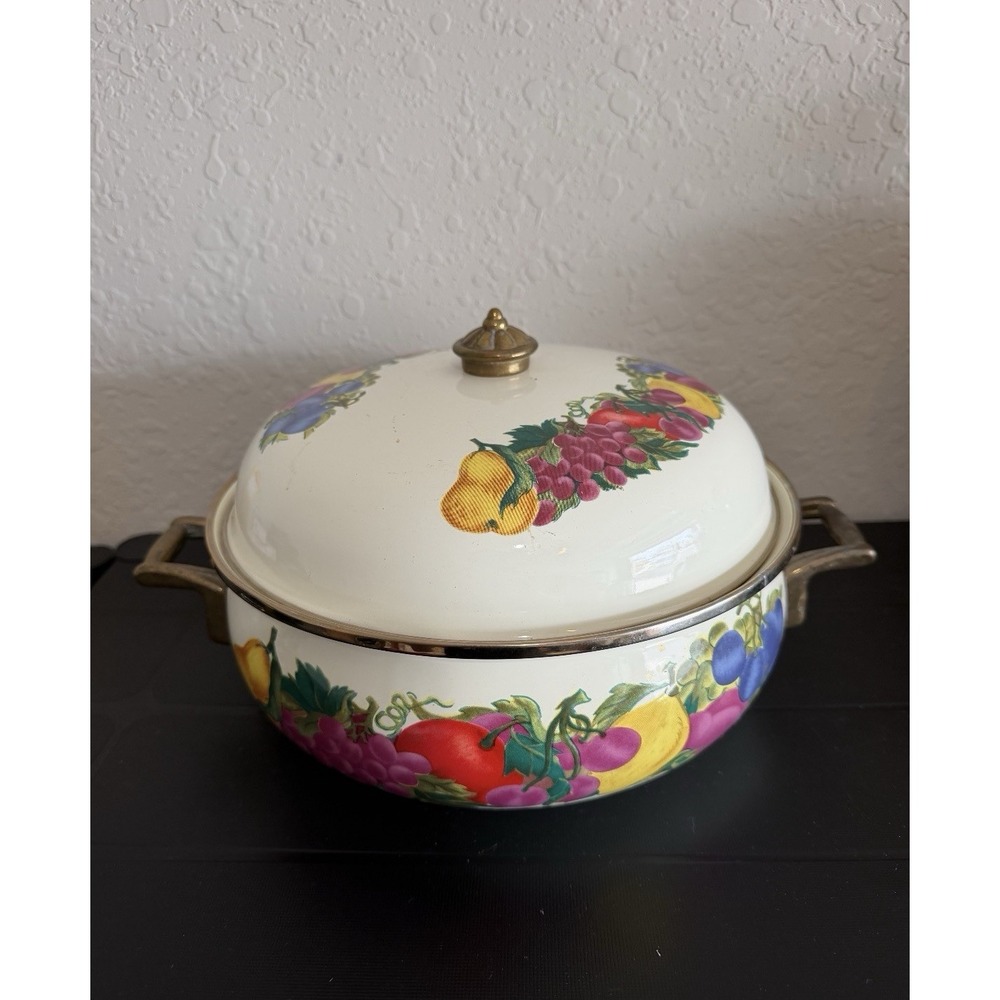 Vintage Enamel Cookware Metro 10 1/2" Dutch Oven Pot, Brass Top & Lid, EUC.